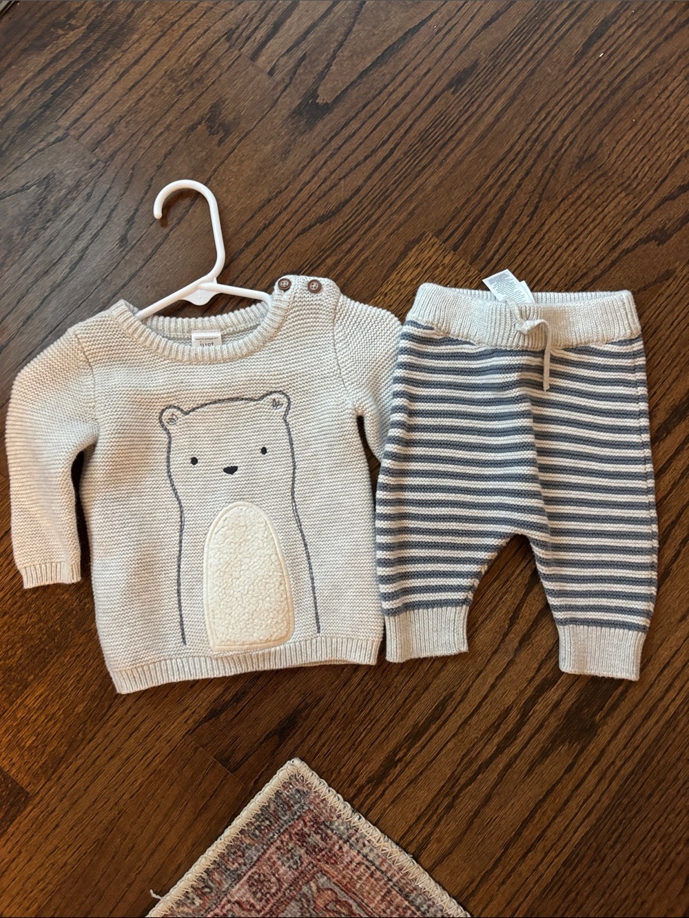 3 months Neutral Bear Knit Baby Set - Sweater & Striped Pants